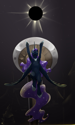 Size: 737x1219 | Tagged: safe, artist:silfoe, nightmare moon, alicorn, pony, alternate universe, cropped, eclipse, female, flying, mare, moonsetmlp, solar eclipse