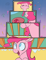 Size: 850x1100 | Tagged: safe, artist:goat train, part of a set, pinkie pie, earth pony, pony, comic, female, growth, macro, mare, open mouth, smiling, solo, sugarcube corner