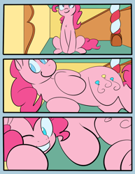 Size: 850x1100 | Tagged: safe, artist:goat train, part of a set, pinkie pie, earth pony, pony, comic, female, growth, macro, mare, smiling, solo, sugarcube corner