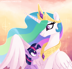 Size: 1400x1344 | Tagged: safe, artist:sonnatora, princess celestia, twilight sparkle, unicorn twilight, alicorn, pony, unicorn, cute, female, hug, looking at each other, mare, momlestia, peytral, regalia, signature, smiling, sparkles, sweet dreams fuel, twiabetes, winghug, younger