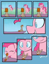 Size: 850x1100 | Tagged: safe, artist:goat train, part of a set, pinkie pie, oc, oc:butter nut, earth pony, pony, comic, faint, female, growth, heart eyes, kissing, macro, mare, wingding eyes