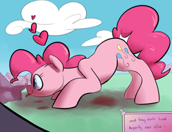Size: 2200x1700 | Tagged: safe, artist:goat train, part of a set, pinkie pie, oc, oc:butter nut, earth pony, pony, comic, female, growth, heart, macro, mare, size difference, tongue out