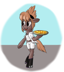Size: 1600x1800 | Tagged: safe, artist:frecklesfanatic, oc, oc only, earth pony, pony, bipedal, food, freckles, hairband, pizza, roller skates, unnamed oc