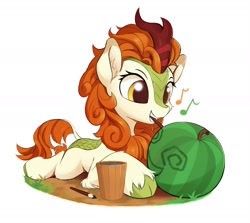 Size: 2000x1785 | Tagged: safe, artist:draconidsmxz, autumn blaze, kirin, sounds of silence, awwtumn blaze, cute, food, happy, painting, simple background, solo, watermelon, white background