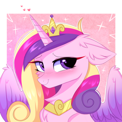 Size: 3000x3000 | Tagged: safe, artist:pesty_skillengton, princess cadance, alicorn, pony, blushing, chest fluff, colored wings, crown, cute, cutedance, ear fluff, female, floppy ears, jewelry, looking at you, mare, multicolored wings, regalia, smiling, solo, wings