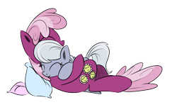 Size: 900x544 | Tagged: safe, artist:rainbow-dosh, artist:xioade, cheerilee, silver spoon, earth pony, pony, cheerispoon, cuddling, cute, eyes closed, female, filly, foal, hug, pillow, simple background, snuggling, transparent background