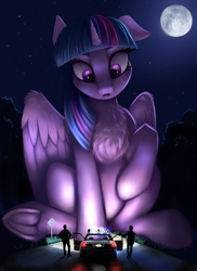 Size: 1900x2612 | Tagged: safe, artist:lightly-san, twilight sparkle, twilight sparkle (alicorn), alicorn, human, pony, chest fluff, female, full moon, giant pony, macro, mare, mega twilight sparkle, moon, night, night sky, outdoors, people, police, police car, police officer, road, sitting, size difference, sky, stars, underhoof