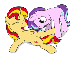 Size: 1280x960 | Tagged: safe, artist:mkogwheel, starlight glimmer, sunset shimmer, pony, unicorn, backwards cutie mark, belly button, counterparts, female, horn, lesbian, mare, navel play, shimmerglimmer, shipping, tickling, ticklish tummy, twilight's counterparts