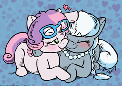 Size: 1100x776 | Tagged: safe, artist:kaemantis, silver spoon, sweetie belle, earth pony, pony, unicorn, blushing, eyes closed, female, filly, glasses, glasses off, heart, lesbian, necklace, one eye closed, pearl necklace, prone, shipping, smiling, wink