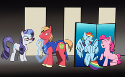 Size: 2419x1500 | Tagged: safe, artist:paleheart-arts, big macintosh, pinkie pie, rainbow dash, rarity, earth pony, pegasus, pony, unicorn, clothes, magic, male, measuring tape, stallion, telekinesis