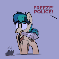 Size: 1200x1200 | Tagged: safe, artist:shinodage, edit, editor:twitchyylive, oc, oc only, oc:apogee, oc:houston, mouse, pegasus, pony, animated, apogee did it again, body freckles, cute, dead, diageetes, dialogue, eye clipping through hair, female, filly, freckles, implied police officer, mouth hold, ocbetes, police, shield, sword, this will end in jail time, weapon