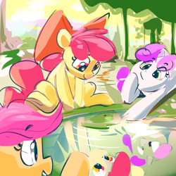 Size: 2000x2000 | Tagged: safe, artist:dimfann, apple bloom, scootaloo, sweetie belle, earth pony, frog, pegasus, pony, unicorn, bow, cutie mark crusaders, female, filly, hair bow, lilypad, pond, reflection, trio, water