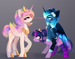 Size: 4344x3428 | Tagged: safe, artist:magnaluna, princess celestia, princess luna, twilight sparkle, twilight sparkle (alicorn), alicorn, pony, alternate hairstyle, chest fluff, clothes, crown, cute, ear fluff, eye contact, female, flower, flower in hair, height difference, jewelry, looking at each other, mare, peytral, ponies riding ponies, profile, regalia, royal sisters, scrunchy face, smiling, socks, stare, striped socks, trio, trio female, unshorn fetlocks