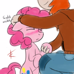 Size: 1450x1450 | Tagged: safe, artist:crade, pinkie pie, human, pony, ear scratch, holding hooves, human on pony hoof holding