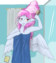 Size: 1207x1349 | Tagged: safe, artist:the-minuscule-task, cotton sky, anthro, pegasus, brotherhooves social, armpits, big hair, brush, shower, towel