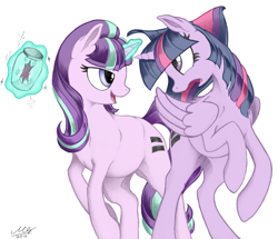 Size: 1709x1473 | Tagged: safe, artist:graboiidz, starlight glimmer, twilight sparkle, twilight sparkle (alicorn), alicorn, pony, the cutie map, colored, cutie mark, cutie mark theft, equal cutie mark, equalized, female, jar, magic, mare, telekinesis