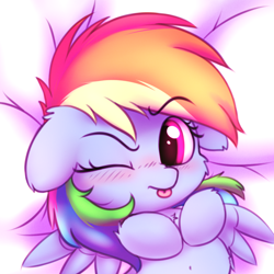 Size: 2500x2500 | Tagged: safe, artist:heavymetalbronyyeah, rainbow dash, pegasus, pony, :p, bed, belly button, blushing, cheek fluff, chest fluff, cute, dashabetes, ear fluff, floppy ears, leg fluff, looking at you, mlem, on back, on bed, one eye closed, raised eyebrow, silly, solo, tongue out, wink