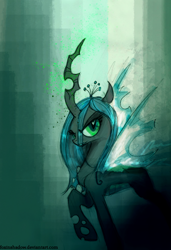 Size: 616x900 | Tagged: safe, artist:foxinshadow, queen chrysalis, changeling, changeling queen, abstract background, female, grin, raised hoof, smiling, solo