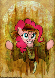 Size: 600x854 | Tagged: safe, artist:foxinshadow, pinkie pie, earth pony, pony, friendship is witchcraft, abstract background, bipedal, clothes, female, gypsy pie, knife, mare, romani, solo