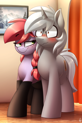 Size: 2017x3000 | Tagged: safe, artist:shinodage, oc, oc only, oc:crab apple, oc:ryo disk, earth pony, pony, unicorn, blushing, braid, clothes, crabdisk, female, flirting, majestic as sod, male, mare, oc x oc, shipping, socks, stallion, straight