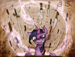 Size: 900x692 | Tagged: safe, artist:foxinshadow, artist:skutchi, twilight sparkle, pony, unicorn, cleaver, female, fork, knife, magic, maniacal laugh, mare, slasher smile, solo, sword, weapon