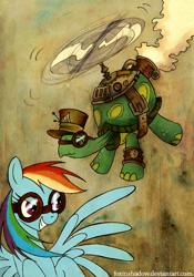 Size: 650x931 | Tagged: safe, artist:foxinshadow, rainbow dash, tank, pegasus, pony, duo, flying, goggles, hat, steampunk