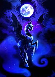 Size: 1240x1754 | Tagged: safe, artist:f-ay, nightmare moon, alicorn, pony, ethereal mane, female, flying, full moon, galaxy mane, hoof shoes, mare, mare in the moon, moon, rearing, solo