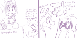 Size: 1280x640 | Tagged: safe, artist:goat train, coloratura, svengallop, autograph, comic, countess coloratura, dialogue, looking down, macro, monochrome, mouth hold, open mouth, pen, plot, sketch, smiling