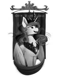 Size: 1600x2200 | Tagged: safe, artist:discordthege, princess celestia, alicorn, pony, fanfic:evil is easy, banner, clothes, commission, evil, fanfic art, fangs, female, grayscale, horn, jewelry, mare, monochrome, peytral, simple background, solo, tiara, white background, wings