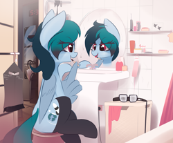Size: 3043x2515 | Tagged: safe, artist:nevobaster, oc, oc only, oc:delta vee, pegasus, pony, clothes, dress, eye clipping through hair, female, glasses, happy, laundry, lipstick, makeup, mare, milf, mirror, open mouth, sitting, socks, solo, thigh highs, wing hold