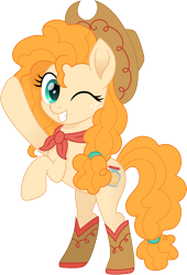 Size: 1020x1500 | Tagged: safe, artist:cloudyglow, pear butter, earth pony, pony, beautiful, boots, cowboy boots, cowboy hat, cowgirl, cute, digital art, female, hat, mare, movie accurate, one eye closed, pearabetes, rearing, shoes, simple background, smiling, solo, stetson, transparent background, vector, wink