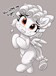 Size: 2280x3117 | Tagged: safe, artist:pabbley, cozy glow, pegasus, pony, belly button, cozybetes, cute, dialogue, ear fluff, female, filly, floating heart, gray background, heart, looking at you, mare, monochrome, neo noir, partial color, simple background, smiling, solo