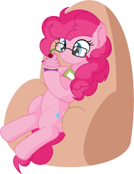 Size: 5673x7362 | Tagged: safe, artist:cyanlightning, pinkie pie, earth pony, pony, .svg available, absurd resolution, book, chair, chest fluff, clothes, cute, diapinkes, ear fluff, eating, female, glasses, mare, simple background, sitting, solo, transparent background, vector