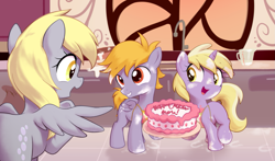 Size: 1445x851 | Tagged: safe, artist:pestil, crackle pop, derpy hooves, dinky hooves, pegasus, pony, unicorn, apron, bowl, brother and sister, cake, clothes, colt, cracklebetes, cute, dinkabetes, equestria's best daughter, equestria's best family, equestria's best mother, equestria's best son, family, female, filly, flour, food, grin, hooves family, kitchen, looking at someone, looking at something, male, mare, measuring cup, mother and child, mother and daughter, mother and son, open mouth, open smile, parent and child, smiling