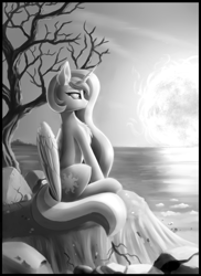 Size: 1600x2200 | Tagged: safe, artist:lightly-san, princess celestia, alicorn, pony, fanfic:the mare at the end of forever, beach, commission, dead tree, fanfic art, female, grayscale, horn, illustration, mare, monochrome, ocean, red giant, sad, sitting, solo, sun, tree, wings