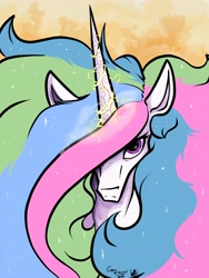 Size: 3072x4096 | Tagged: safe, artist:greyscaleart, princess celestia, alicorn, pony, abstract background, bust, female, hair over one eye, horn, looking at you, mare, solo, sparking horn