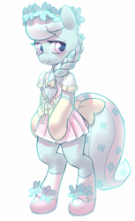 Size: 615x1007 | Tagged: safe, artist:mewball, silver spoon, pony, semi-anthro, bipedal, clothes, dress, flower, flower crown, glasses off, mary janes, missing accessory, shoes, socks, solo