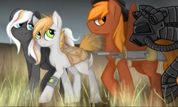 Size: 512x308 | Tagged: safe, artist:wingedwolf94, oc, oc only, oc:calamity, oc:littlepip, oc:steelhooves, oc:velvet remedy, earth pony, pegasus, pony, unicorn, fallout equestria, armor, battle saddle, fanfic, fanfic art, female, gun, hat, male, mare, pipbuck, power armor, saddle bag, stallion, steel ranger, unamused, weapon