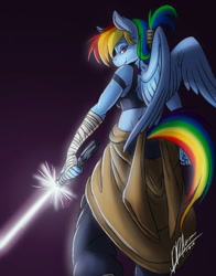 Size: 1006x1280 | Tagged: safe, artist:thebigbadwolf01, rainbow dash, anthro, bandage, clothes, commission, crossover, female, lightsaber, looking at you, looking back, looking back at you, midriff, rey, smiling, solo, star wars, weapon