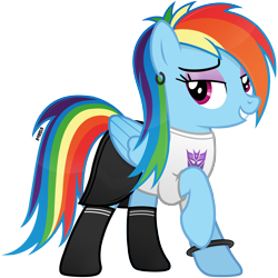 Size: 3400x3400 | Tagged: safe, artist:a4r91n, rainbow dash, pegasus, pony, alternate hairstyle, bedroom eyes, bracelet, clothes, decepticon, ear piercing, earring, eyeshadow, fangirl, female, jewelry, looking at you, makeup, mare, piercing, punk, raised hoof, shirt, simple background, skirt, socks, solo, t-shirt, transformers, transparent background, vector