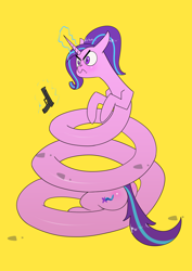 Size: 2480x3508 | Tagged: safe, artist:underpable, starlight glimmer, pony, unicorn, angry, coils, don't tread on me, female, flag, frown, gadsden flag, gun, long glimmer, long pony, magic, simple background, telekinesis, this will end in gulag, weapon, yellow background