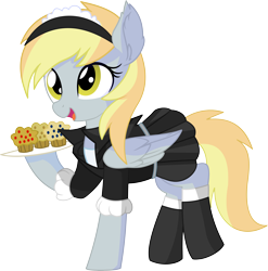 Size: 6742x6824 | Tagged: safe, artist:cyanlightning, derpy hooves, pegasus, pony, .svg available, absurd resolution, clothes, cute, ear fluff, female, folded wings, food, maid, mare, muffin, simple background, socks, solo, stockings, thigh highs, transparent background, vector, wings