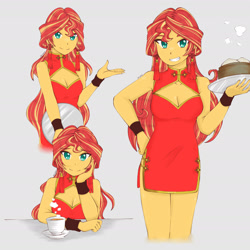 Size: 1791x1791 | Tagged: safe, artist:dragonemperror2810, sunset shimmer, human, equestria girls, adorasexy, boob window, breasts, cheongsam, cleavage, clothes, coffee, cup, cute, dress, dumplings, female, food, looking at you, sexy, shimmerbetes, smiling, solo, tray, waitress