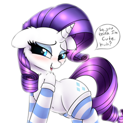 Size: 3000x3000 | Tagged: safe, artist:heavymetalbronyyeah, rarity, pony, unicorn, bedroom eyes, belly button, blushing, cheek fluff, chest fluff, clothes, cute, cutie mark, dialogue, ear fluff, eyeshadow, female, flirting, floppy ears, looking at you, makeup, mare, open mouth, raribetes, shoulder fluff, simple background, smiling, socks, solo, speech bubble, striped socks, white background
