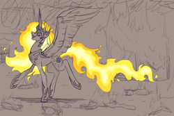 Size: 1200x800 | Tagged: safe, artist:mangoshibi, daybreaker, alicorn, pony, female, fire, helmet, jewelry, limited palette, mare, regalia, solo