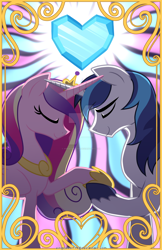 Size: 1024x1583 | Tagged: safe, artist:wingedwolf94, princess cadance, shining armor, alicorn, pony, unicorn, crystal heart, eyes closed, female, holding hooves, horns are touching, husband and wife, male, mare, married couple, poster, shiningcadance, shipping, smiling, stallion, straight, watermark