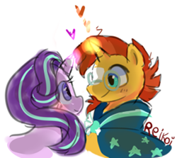 Size: 455x406 | Tagged: safe, artist:cupcakebunny03, starlight glimmer, sunburst, pony, unicorn, cape, clothes, cute, female, glasses, heart, looking at each other, male, mare, shipping, simple background, stallion, starburst, straight, white background