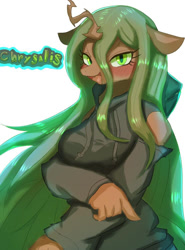 Size: 738x1000 | Tagged: safe, artist:flyger, queen chrysalis, anthro, changeling, changeling queen, blushing, clothes, cute, cutealis, female, hoodie, open mouth, pixiv, simple background, solo, white background