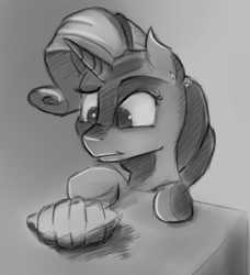 Size: 632x694 | Tagged: safe, artist:post-it, rarity, pony, unicorn, bread, colored sketch, confused, croissant, food, monochrome, rarity looking at food, sketch, solo