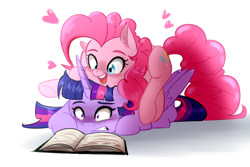 Size: 1980x1320 | Tagged: safe, artist:lorenz3, artist:notaletolivefor, pinkie pie, twilight sparkle, twilight sparkle (alicorn), alicorn, earth pony, pony, book, female, lesbian, mare, shipping, simple background, twinkie